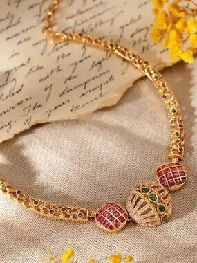 Gold Plated Ruby & Emerald CZ Studded Choker Necklace Set
